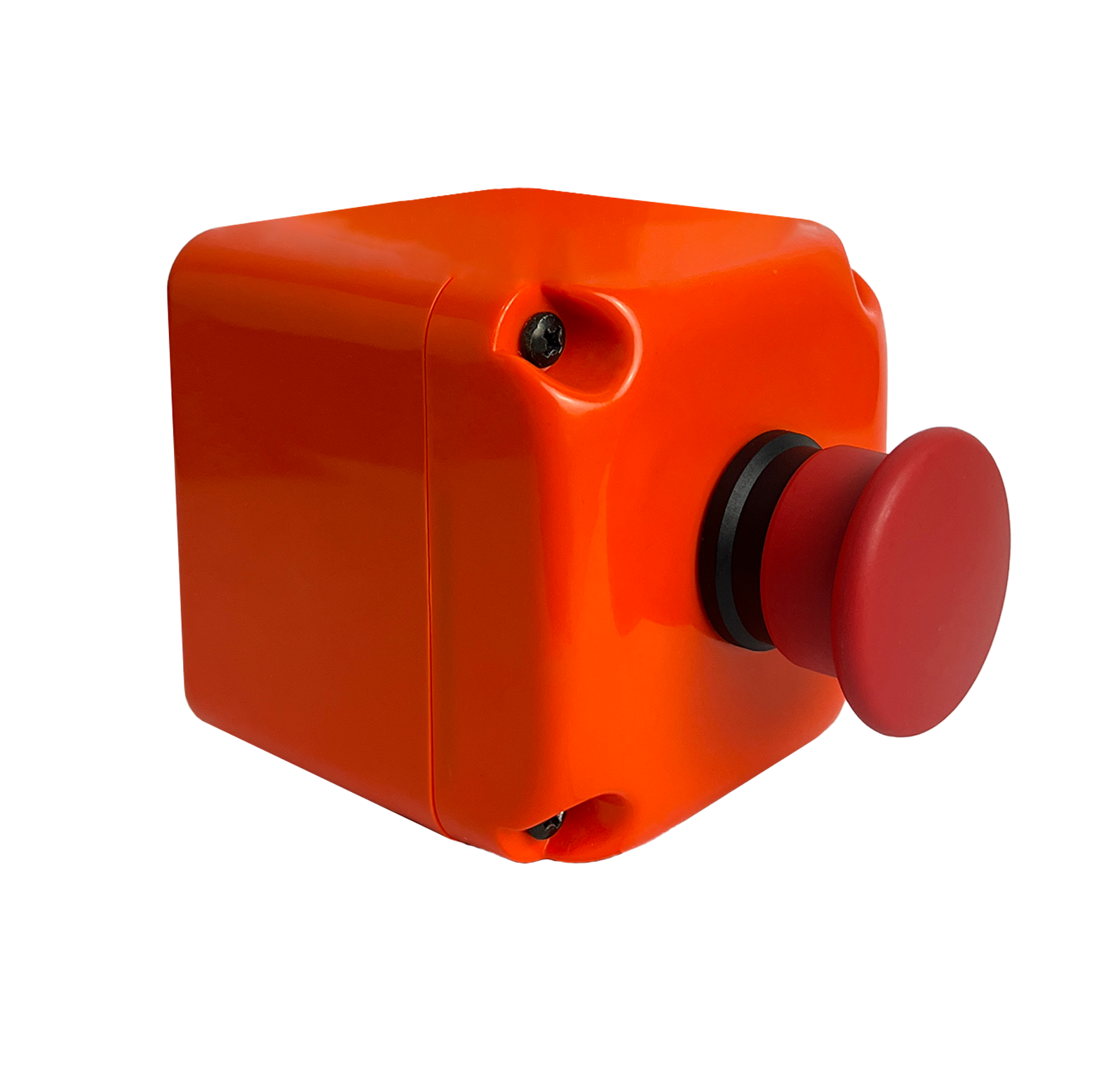 Botoeira IP de Emergência uTech na cor laranja, com botão cogumelo vermelho, em vista isométrica