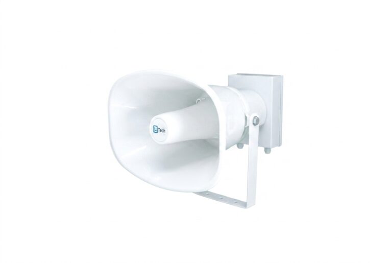 Corneta anunciadora IP da uTech, horn speaker branco de alto volume com suporte de fixação — abre a página do produto