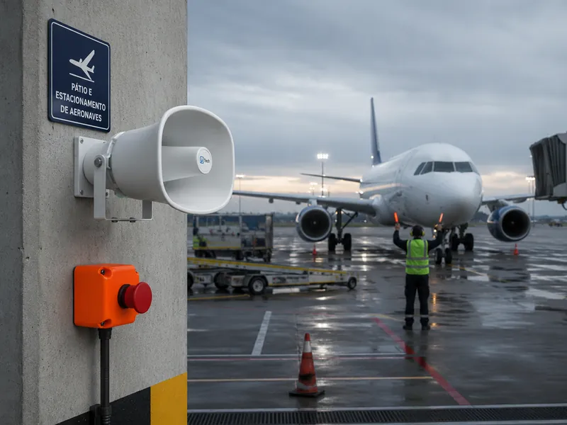 Corneta anunciadora IP e botoeira de emergência no pátio de aeronaves de um aeroporto