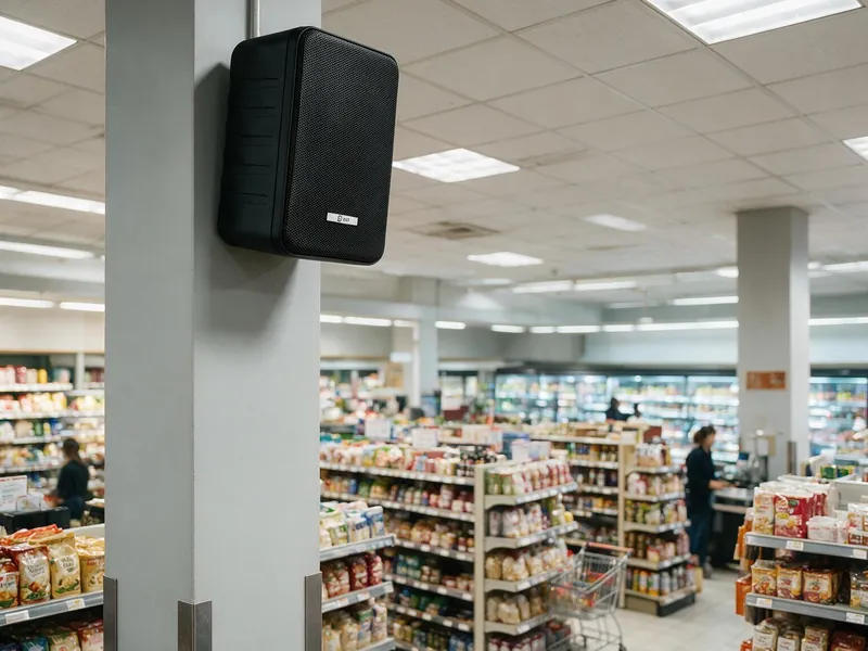 Alto-falante IP instalado em pilar de área comercial com circulação de público