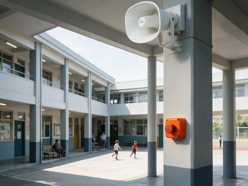 Corneta anunciadora IP e botoeira de emergência no pátio coberto de uma escola