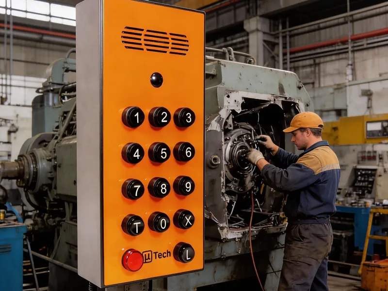 Intercomunicador IP industrial da uTech instalado no chão de fábrica, ao lado de um operador com capacete