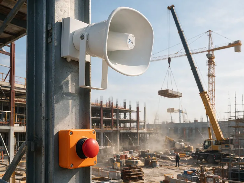 Corneta anunciadora IP e botoeira de emergência em canteiro de obras com guindaste
