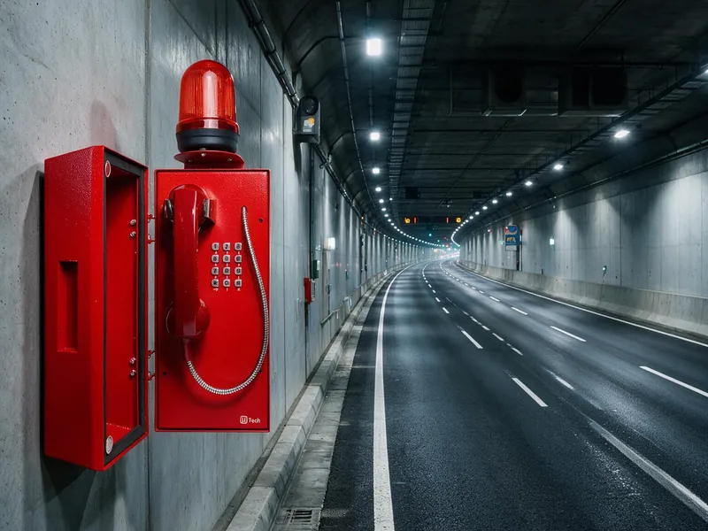 Telefone IP de emergência vermelho com sinalizador, fixado na parede de um túnel rodoviário