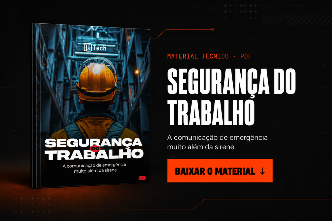 Folder Segurança do Trabalho da uTech — a comunicação de emergência muito além da sirene. Clique para baixar o PDF