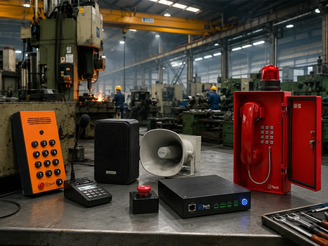 Linha de equipamentos de comunicação crítica da uTech: intercomunicador IP industrial, corneta anunciadora IP, telefone IP de emergência, alto-falante IP, amplificador IP e servidor de comunicação PA/GA